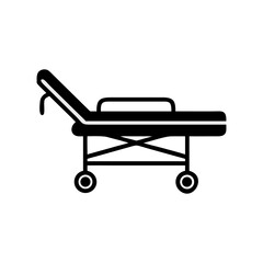 Black silhouette icon of a medical stretcher with wheels on a white background hospital bed