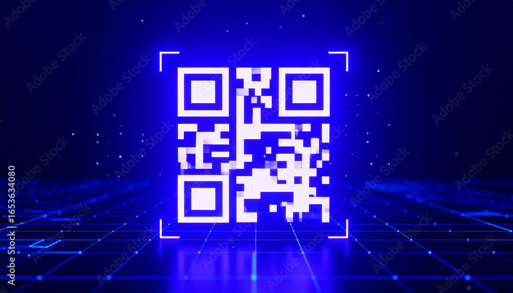 Poster illuminated qr code in a digital landscape: a glowing qr code, a gateway to information and interact