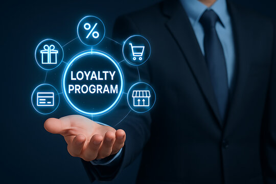 Loyalty program concept, Customer Engagement. Businessman holding loyalty program icon