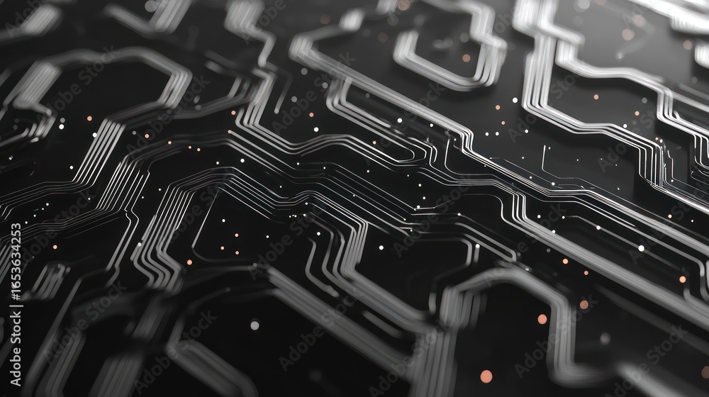 Poster close up of circuit board with black background and bright tiny light points