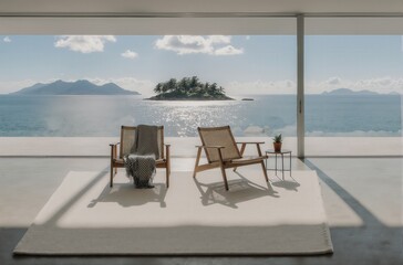 Fototapeta premium Modern indoor space with two chairs facing a serene ocean view and distant islands