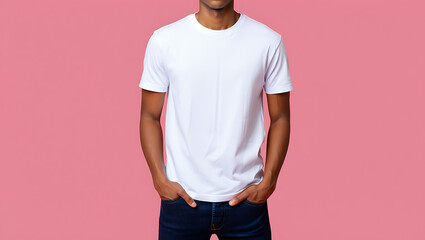 Naklejka premium Man in white t shirt and blue jeans on pink background