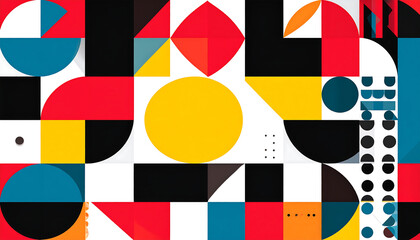 A vibrant abstract background with a modern geometric pattern of colorful circles, squares, and triangles.
