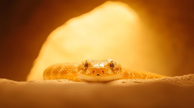 Close up of a rattlesnake peeking from behind a rock