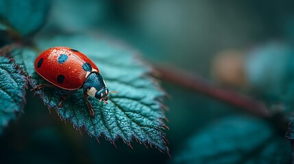A vibrant red ladybug with black spots sits on a green leaf, surrounded by blurred greenery in the background. The ladybug's vibrant colors contrast beautifully with the leaf's natural green hue.