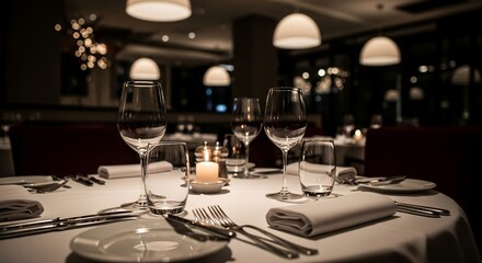 Luxurious Fine Dining Restaurant Ambiance Romantic Table Setting, Candlelit Dinner