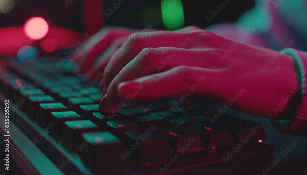 Poster hands typing on keyboard: a close-up captures the focused hands of a person engaged in typing on a s