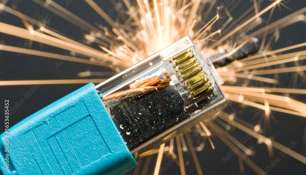 Poster digital spark: a macro shot showcasing the fiery aftermath of data overload, a digital connection sp