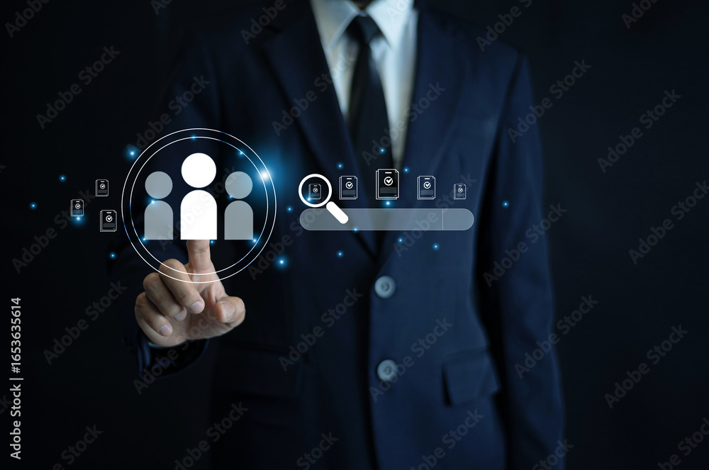 Poster usinessman using digital hr technology to manage employee data and recruitment process with innovati