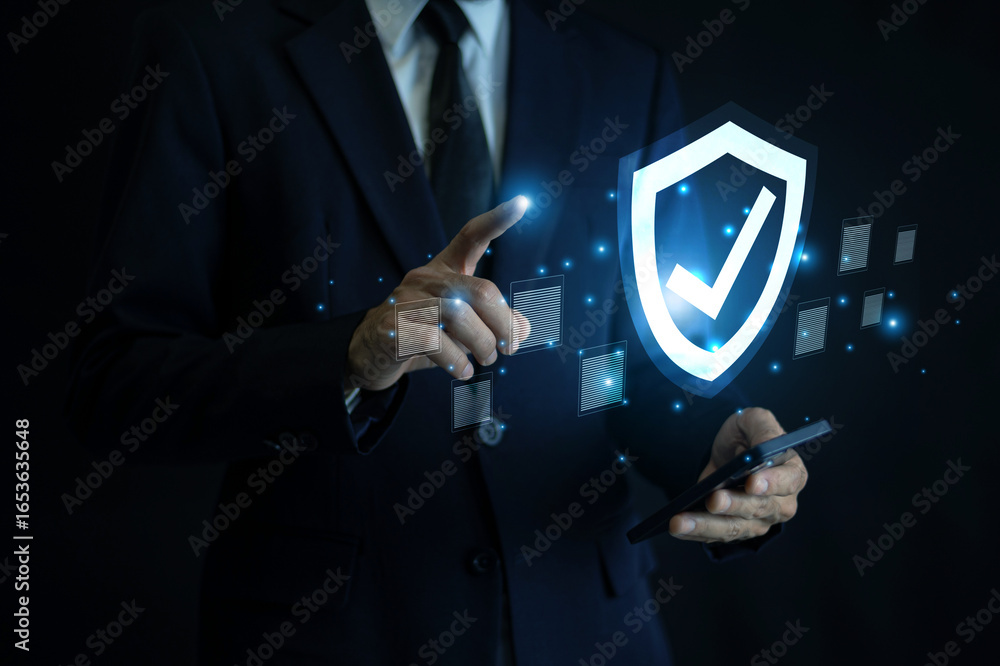 Poster businessman using ai technology for cybersecurity protection ensuring secure data access and privacy