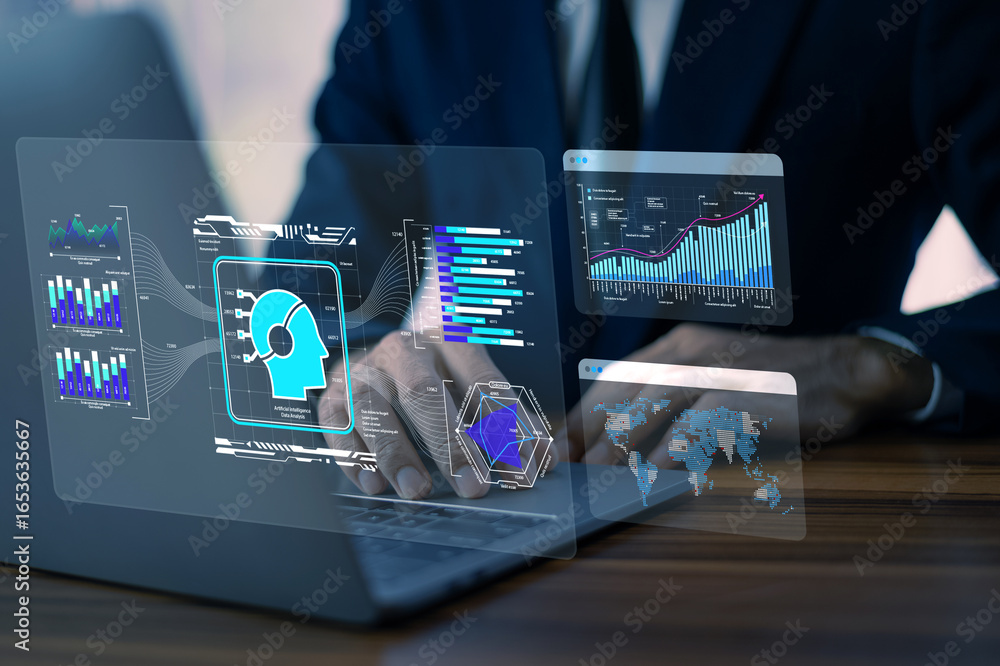 Poster businessman use ai technology data analysis for business to enhance customer insights and personaliz