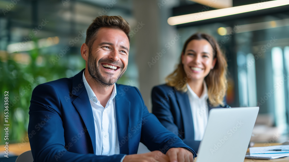 Poster happy diverse business team smiling during a meeting in a modern office setting with technology
