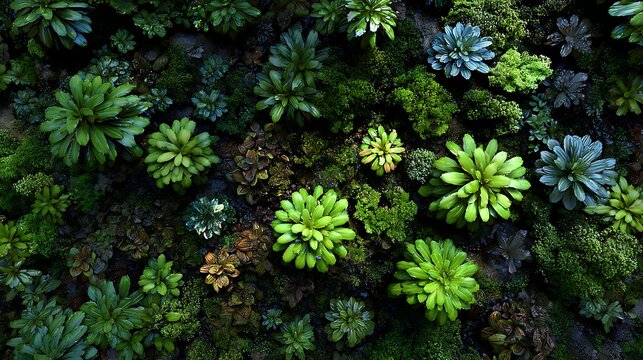 A vibrant green succulent garden with various plant species, including succulents and cacti, creating a lush and vibrant display against a dark background. - Powered by Adobe
