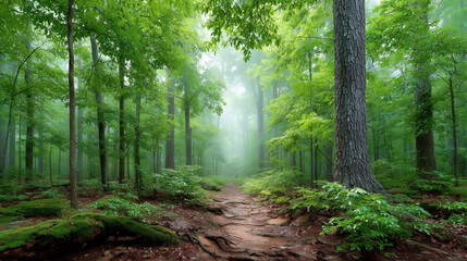 Fototapeta premium Tranquil Misty Forest Path Surrounded by Lush Greenery and Majestic Trees in Soft Light