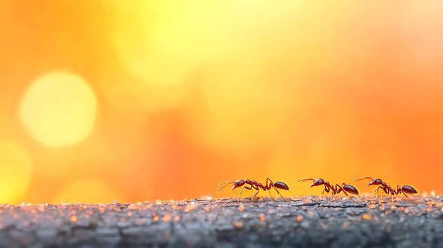 Three ants marching in the golden sunset light