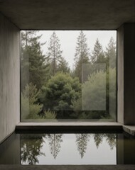 Fototapeta premium Modern Interior with Large Window Framing a Forest View and Reflective Water Surface