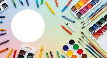 A vibrant flat lay of art supplies including watercolor paints, crayons, and brushes with a circular copy space.