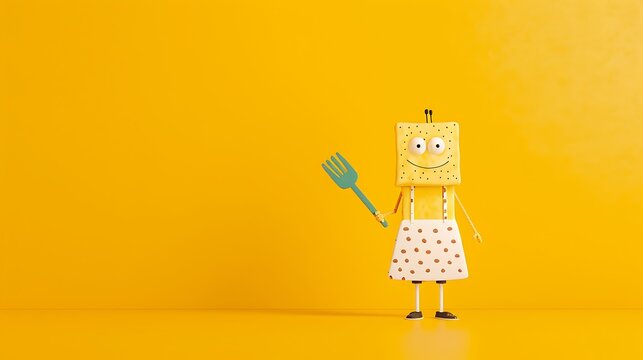 Whimsical sponge character holding a green utensil against a bright yellow background