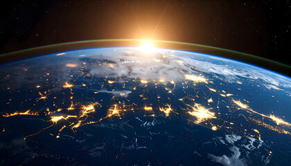Obraz premium Earth at Sunrise in Space Revealing City Lights Across Continents with Illuminated Atmosphere