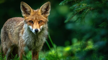 Fototapeta premium Majestic Fox Stands in Lush Green Forest, Showcasing Its Stunning Orange Fur and Alert Expression Against a Natural Background