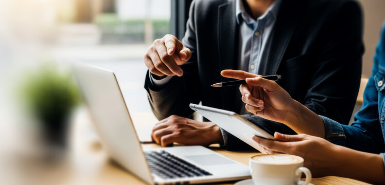Two people discuss business at a desk with a laptop and documents, focusing on strategy planning and professional collaboration in a bright office environment. - Powered by Adobe