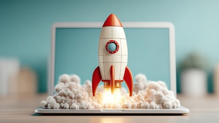 Rocketship launch from laptop, promoting ideas and digital innovations