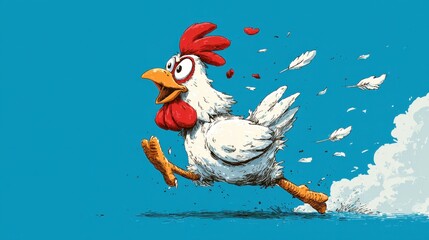 Enthusiastic cartoon chicken running energetically across a vibrant blue background, feathers flying in the air, showcasing playful and fun character