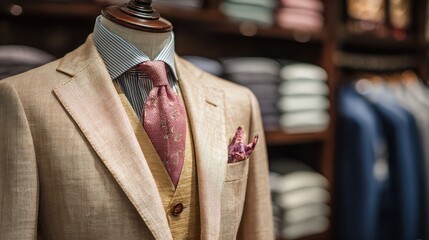 Beige suit, waistcoat, striped shirt, and patterned tie on a mannequin. Ideal for luxury menswear ads or fashion blog posts.