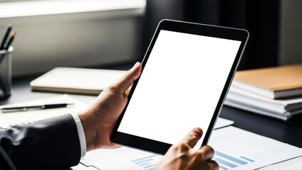 Person holding a tablet with a blank white screen on a wooden desk, surrounded by office supplies and natural light from a nearby window.