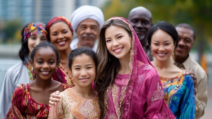 A diverse group of people, exuding joy and unity, come together to showcase their different cultures, embracing togetherness and harmony