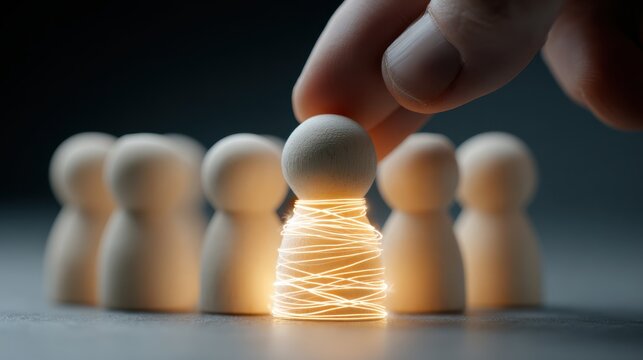 A cinematic close-up of a group of wooden figures on a clean sur
