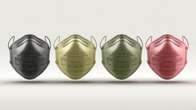 Protective face masks aligned on white background.