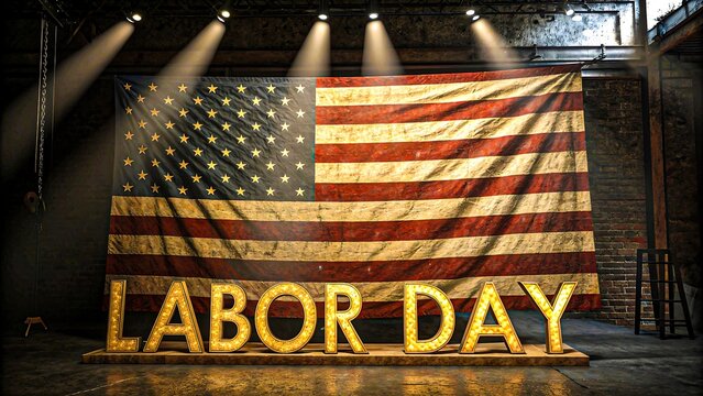 Rustic Labor Day celebration scene with illuminated gold letters and vintage American flag backdrop in industrial warehouse setting