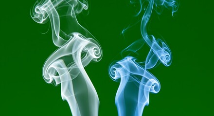 Abstract Blue and White Smoke Swirls on Green Background