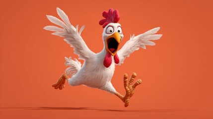 Energetic cartoon chicken character in mid-flight, expressing excitement on vibrant orange background with animated style and playful design