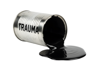 Overwhelmed by trauma concept with spilled black liquid from can symbolizing emotional pain and burden