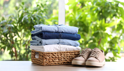 Stack of Folded Denim Jeans with Shoes on a Wooden Table against a Blurred Green Background