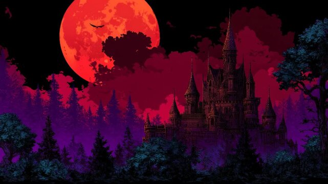 Eerie gothic castle in mysterious dark forest under spooky red moon