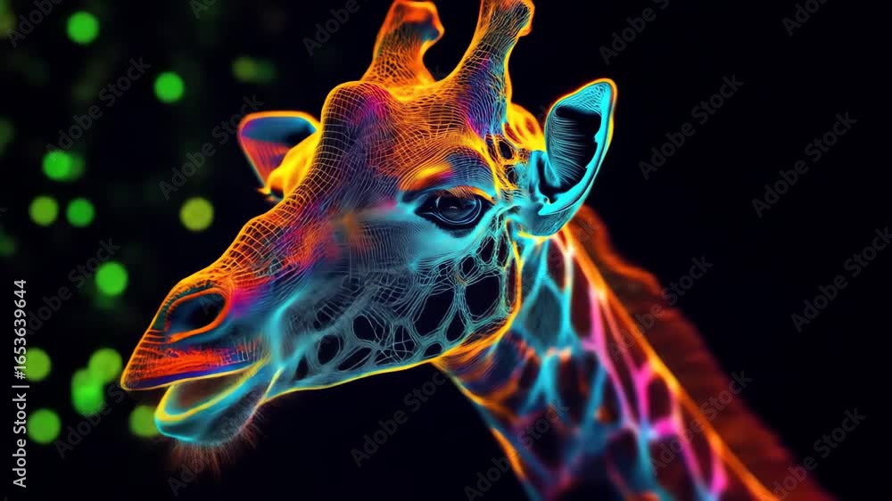 Poster neon giraffe portrait in motion: vivid colors and artistic presentation with bokeh lights background