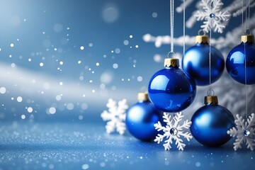 Blue Christmas Baubles and Snowflakes on Sparkling Winter Background, Festive Holiday Decoration | AI-Generated