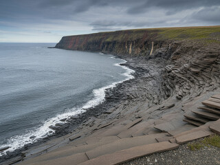 Dramatic coastal cliffs meeting the ocean with layered rock formations