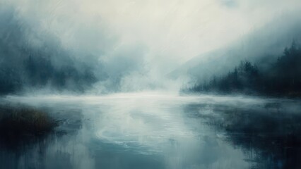 Misty mountain lake scene