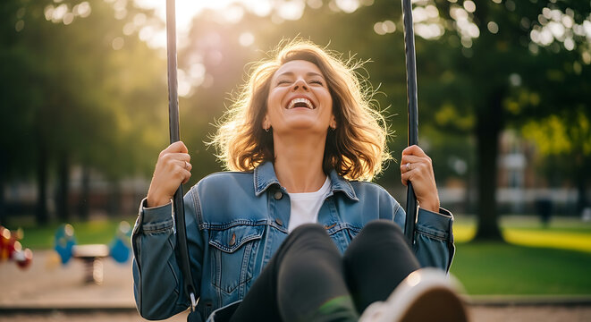 Joyful woman with a radiant smile laughing on a swing in a sunlit park during golden hour.