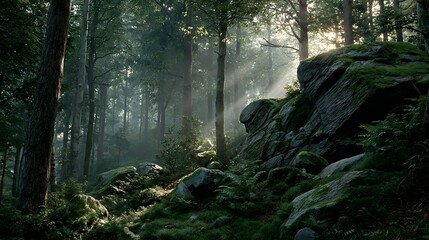 A serene forest scene with moss-covered rocks, sunbeams filtering through the trees, and a tranquil atmosphere.