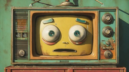 Whimsical Retro Television Character with Large Eyes and Surprised Expression in Colorful 3D Design Against Vintage Green Background