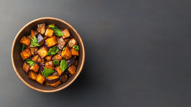 Hearty vegetable stew in a rustic bowl on a dark background