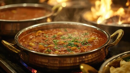 Aromatic Indian curry in copper pot, buffet style, flames and hot food background