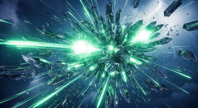 Emerald Crystal Explosion with Green Energy Beams and Distant Lightning