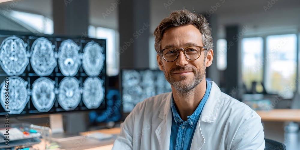 Poster smiling doctor in white coat stands in front of brain scan images on computer screens in modern medi