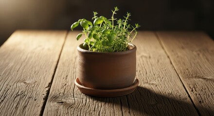 Potted basil and thyme herbs on rustic wooden table under soft light